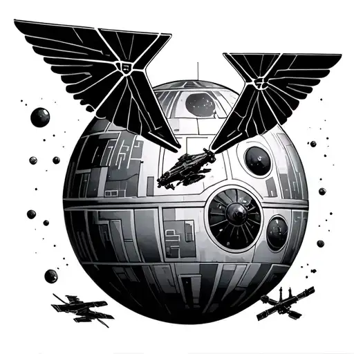Death Star Wars Space Scene With Silhouette And X Wings And Tie Fighters
