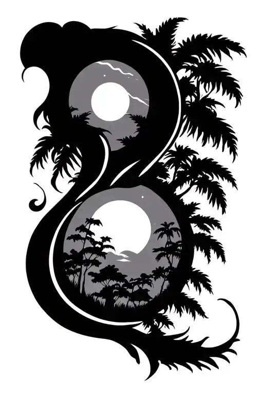 The Ornament Inside Is The Outlines Of The Night Forest And Polynesia With Shadows On The Shoulder