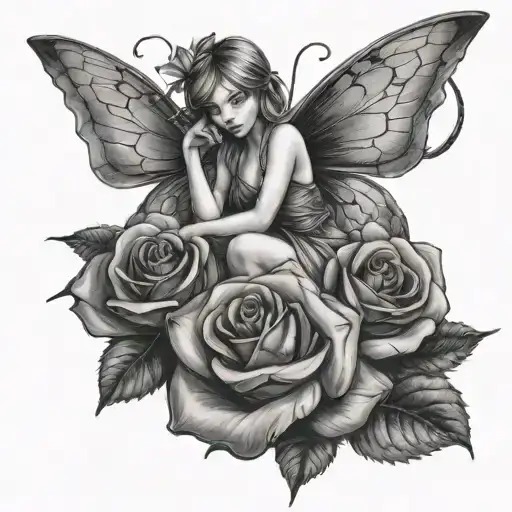 Fairy Leaning On The Stem Of A Rose