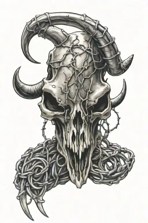 Bull Skull With Barbed Wire Wrapped Tightly Around Horns