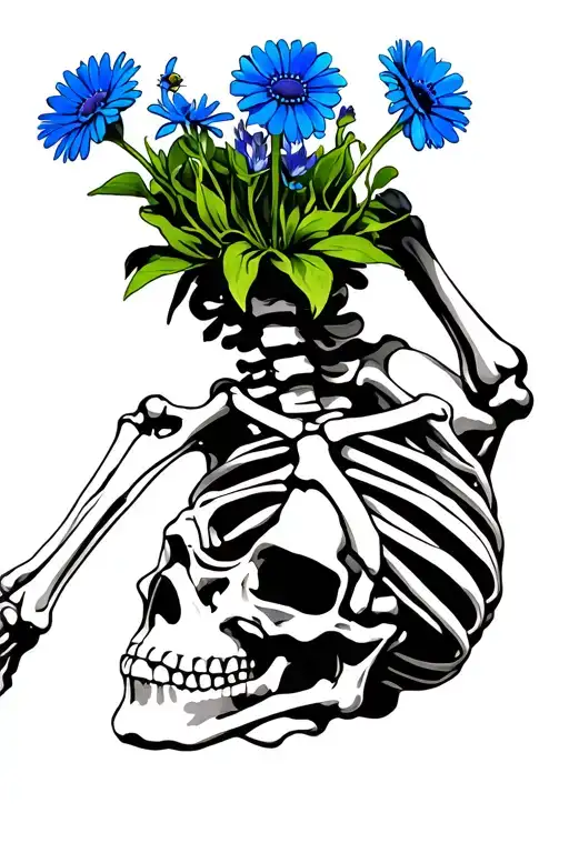 Upside Down Skeleton With Blue Daisy Growing From The Top Of Its Head