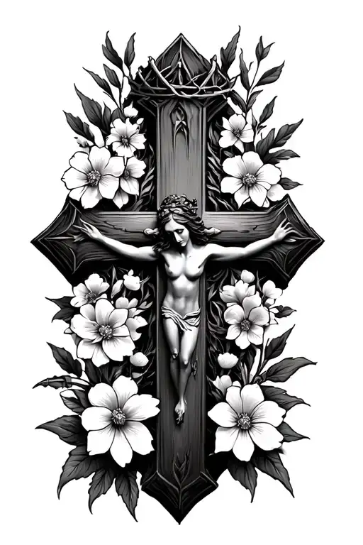 Feminine Cross With Flowers Around It And Jesus' Thorn Crown In The Middle