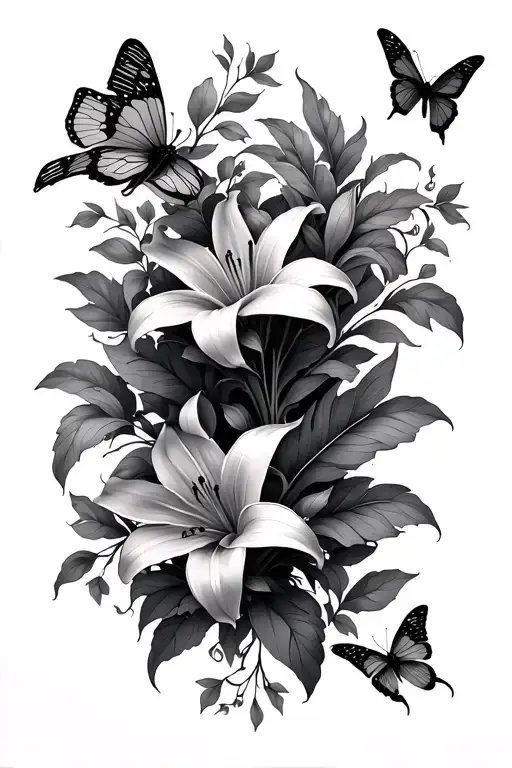 Fine Line Spine Tatto With Lily Flowers Vines And Butterflys