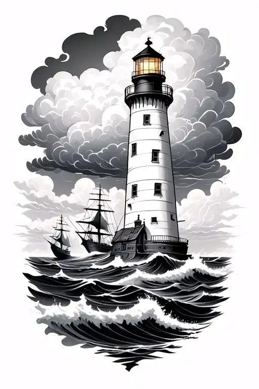 Light House With Storm Clouds And Ships Crashing Waves