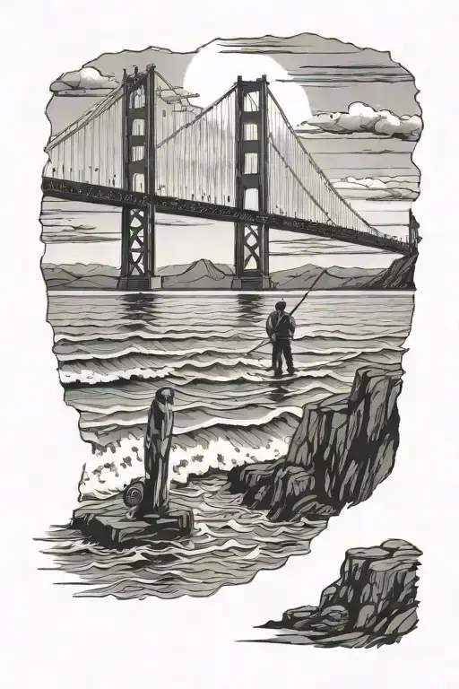 Golden Gate Bridge With Man Fishing Off Pier Looking On Sunset