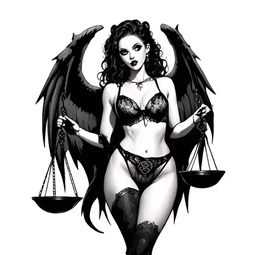 Scary Girl In Sexy Lingerie With Demon Wings Holds Scales Of Justice