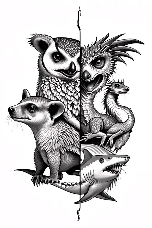 In A Vertical Line Going Down Half Sleeve Have A Meerkat Bear Dragon Owl Rat Lion And A Shark