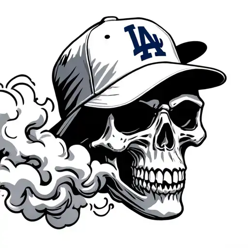 Grim Reaper Skull Wearing Dodgers Hat Blowing Smoke And Azusa Mountains