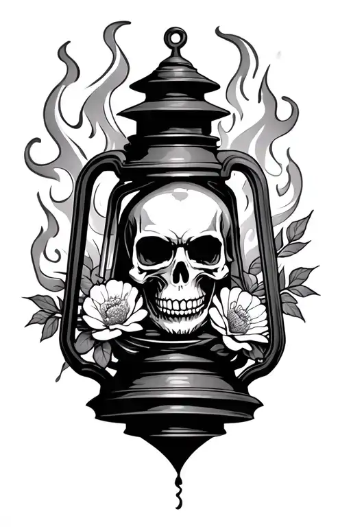 Skull In Lantern With Flames And Carnations