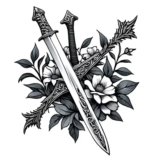 European Sword With Leaves And Flowers