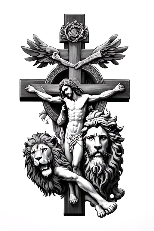 Cross With A Lion And Jesus Christ