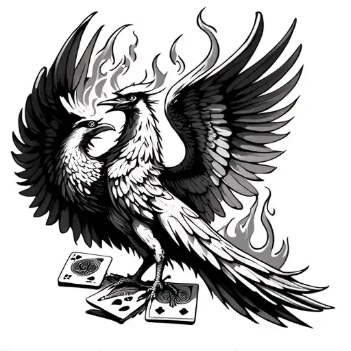 Phoenix With Open Wings Rising From Playing Cards On Fire
