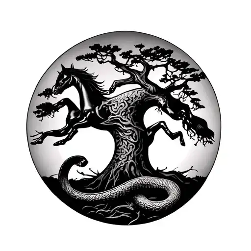 Tiny Horses With Slithering Snake And Scary Tree