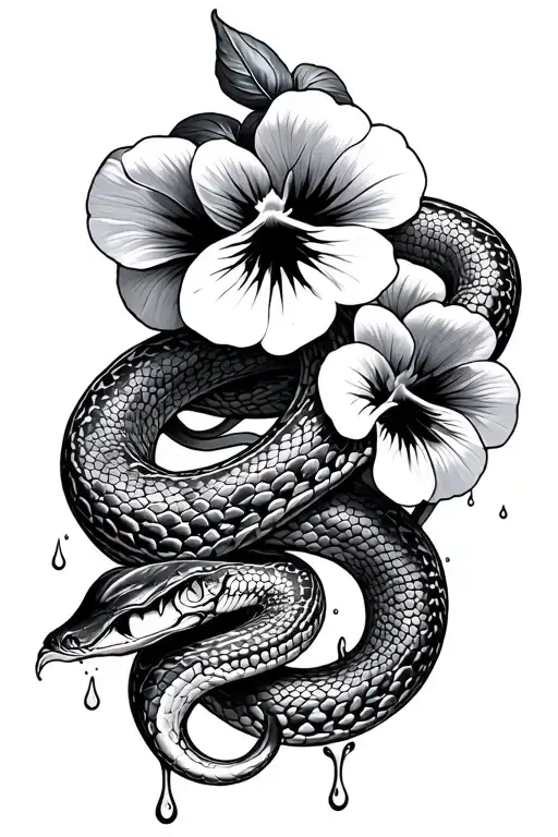 A Snake Wrapping Around Pansies With Venom Drops Falling