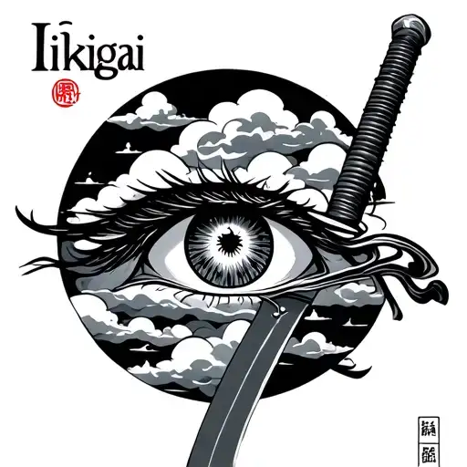 Katana Sword With An Eye And The Word Ikigai In Japanese With Clouds