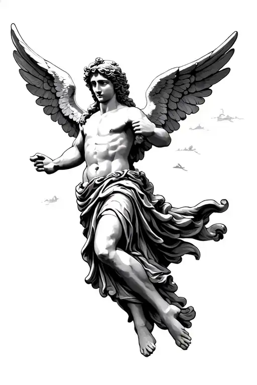 Roman Style Guardian Angel Flying With Paradise In The Background Resembling Heaven And The Sky