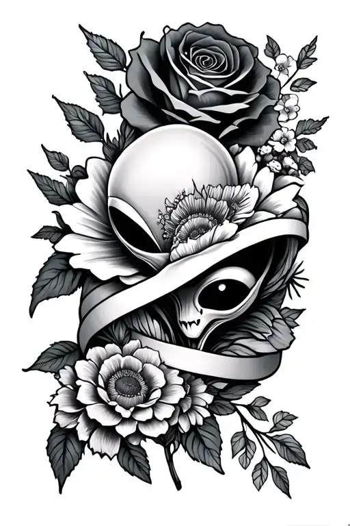 Roses And Other Flowers Wrapping Around Arm With A Alien By A Flower
