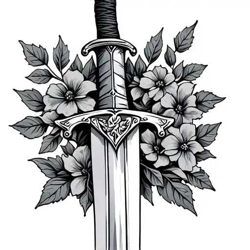 European Knight Sword With Leaves And Flowers Around It