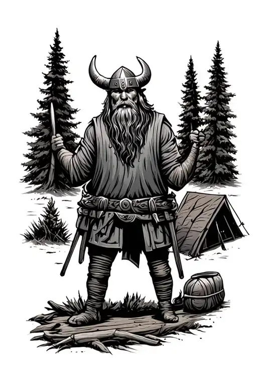 Camping Scene With A Viking