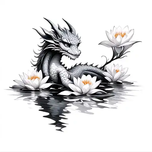 Baby Girl Dragon In Water Lilies Blooming Along