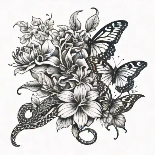 Flowers Butterflies And Snake Tattoo Coming Down From Shoulder To Wrist Design