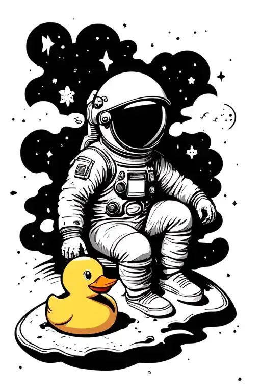 Astronaute Seated On A Small Planet With A Rubber Duck Toy By Its Side Light Drawing Cute Childish