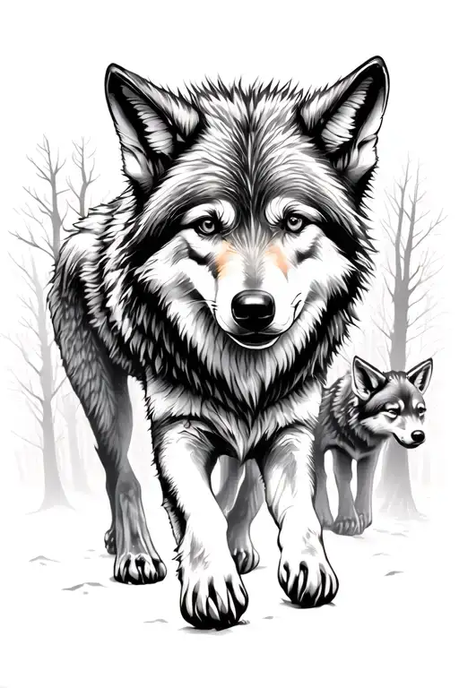 Wolf Cubs Walking In The Forest