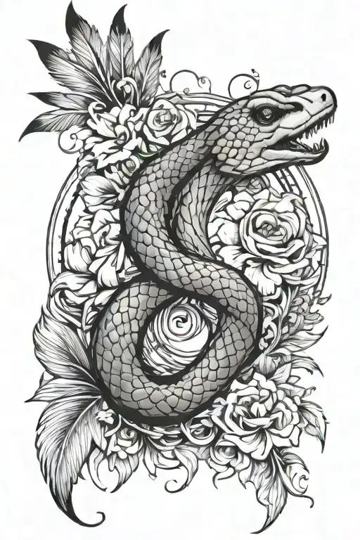 Ouroboros Snake With Feathers And Flowers Surrounding