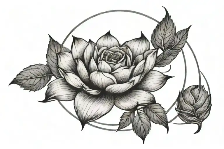 Full Moon And Red Rose In Front And Lotus Flower On The Bottom Of The Moon