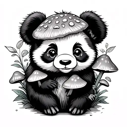 Cute Panda With Mushrooms