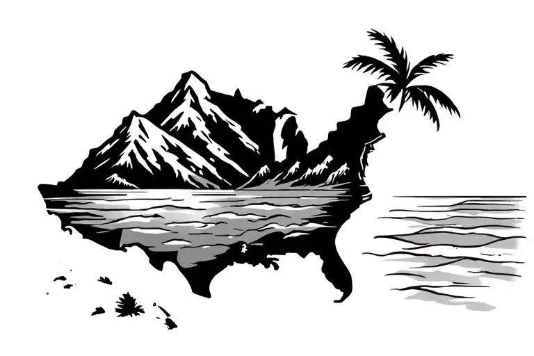 United States Outline With Mountains On The Left Side And Beach On The Right