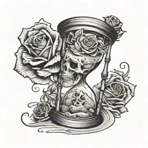 Hour Glass With Roses As The Sand Falling With Skull At The Bottom