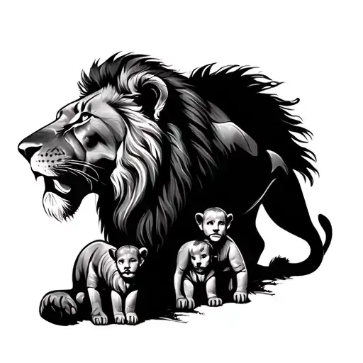 Full Leg Sleeve Tattoo Of A Lion Family With 2 Kids