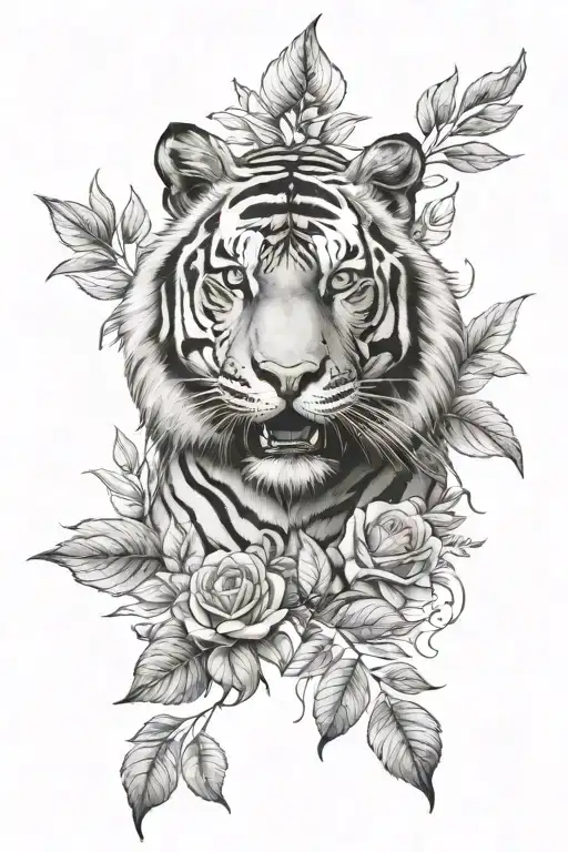 Tiger Head Surrounded By Leaves And Roses Blooming