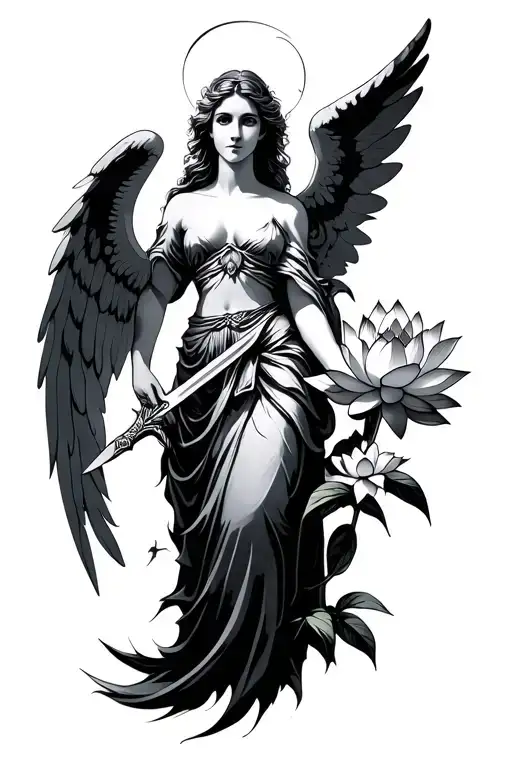 Angel Holding Sword Lotus Flower Blooming