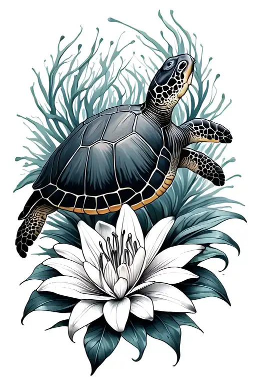 Sea Turtle And Lilies Bloom