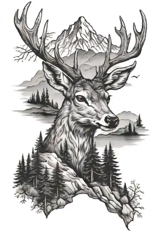 Deer Head With Trees Looking Over Mountains And Water