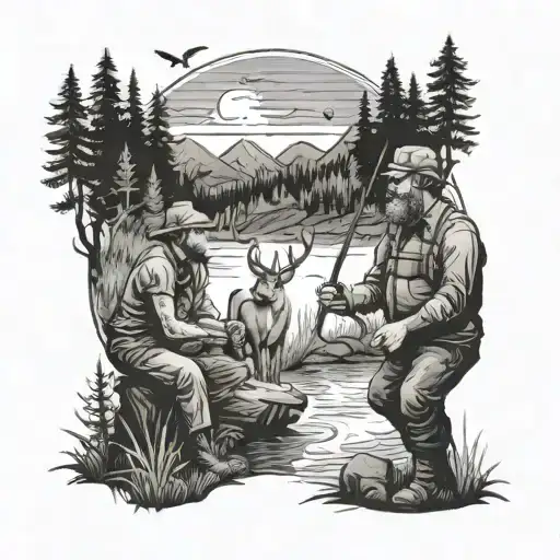 Father And Son Fishing With Deer In The Woods And Mountains And Forest