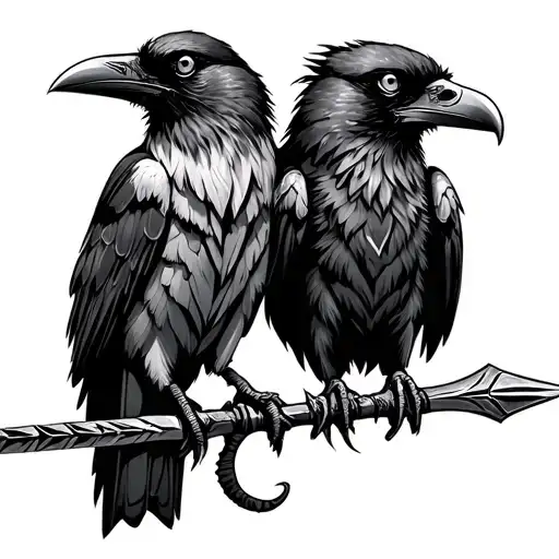 2 Viking Ravens On Odin Spear Piercing Eyes