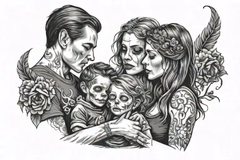 Woman Wearing Skull T-shirt Holding Hands With Son And Daughter