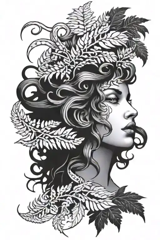 Face Of Medusa With Ferns On The Sides Of The Head