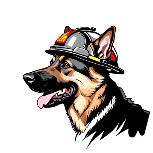 Side Profile German Shepherd Wearing A Fire Helmet
