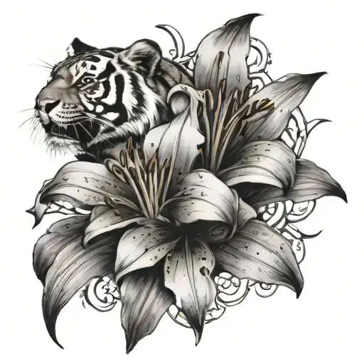 Lily Flowers Tattoo On Arm Half Sleeve Black Ink With A Tiger