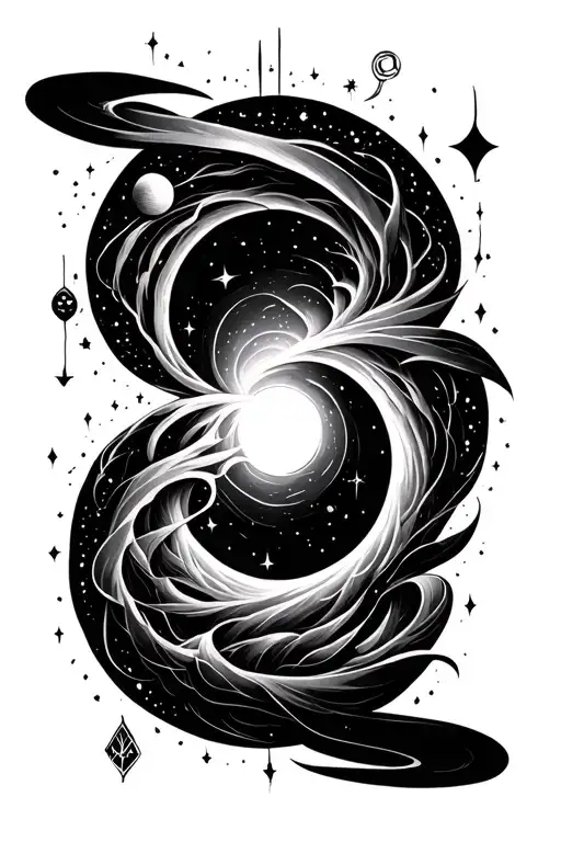 A Minimalist Tattoo Of A Mysterious Black Hole Surrounded By Cosmic Elements And Strange Symbols