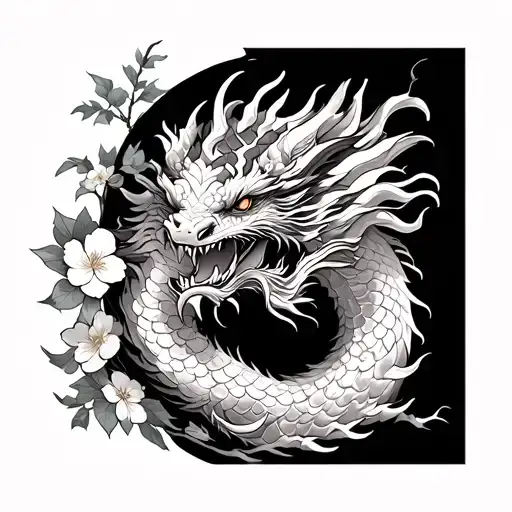 Japanese Dragon And Flowers