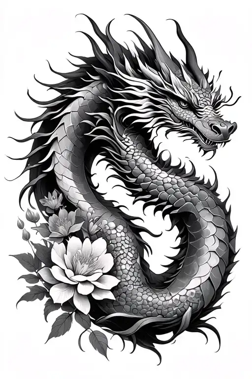 Dragon Japones Y Flores Al Rededor