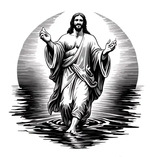 Jesus Walking On Water Black White Front Hand Holding Smile Faith