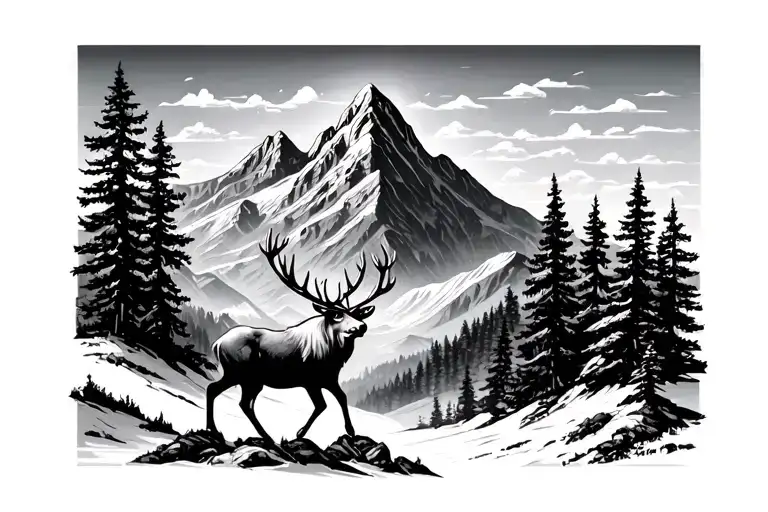 Mountain Range With Trees And Elk