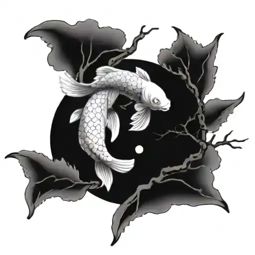 Two Yin Yang Koi Fish Swimming Around A Single Bonsai Tree