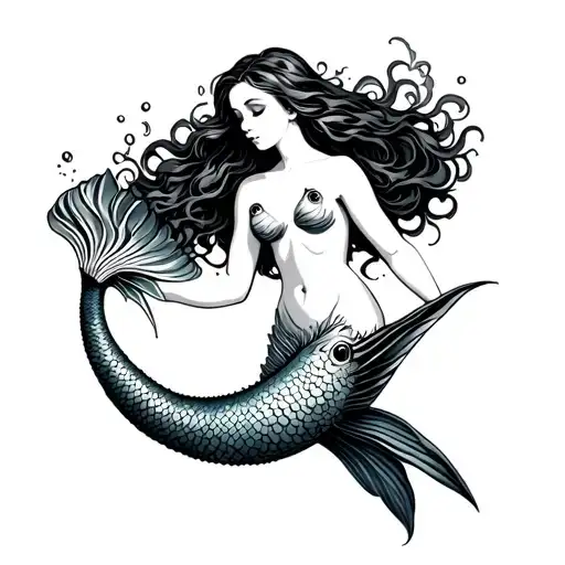 Traditional Mermaid Swimming Upstream